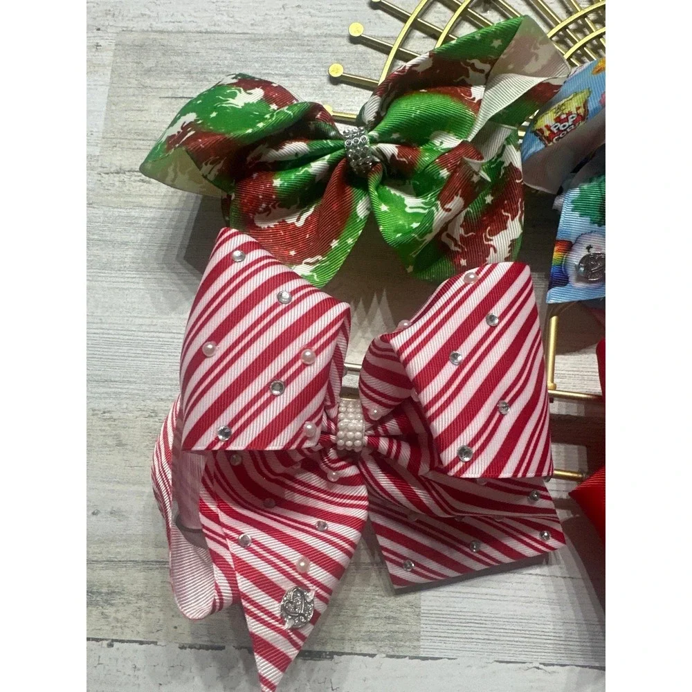 JoJo Siwa Hair Bows Girls OS Multicolor Holiday Rhinestone Pearl 4pc Set‎ EUC